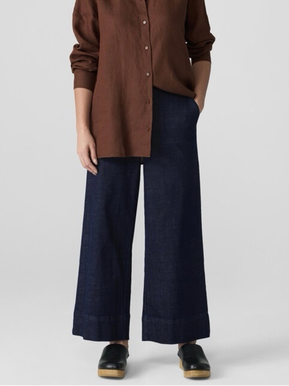 EILEEN FISHER Cotton Stretch Denim Wide Leg Jean Dark Indigo Lagenlook Medium